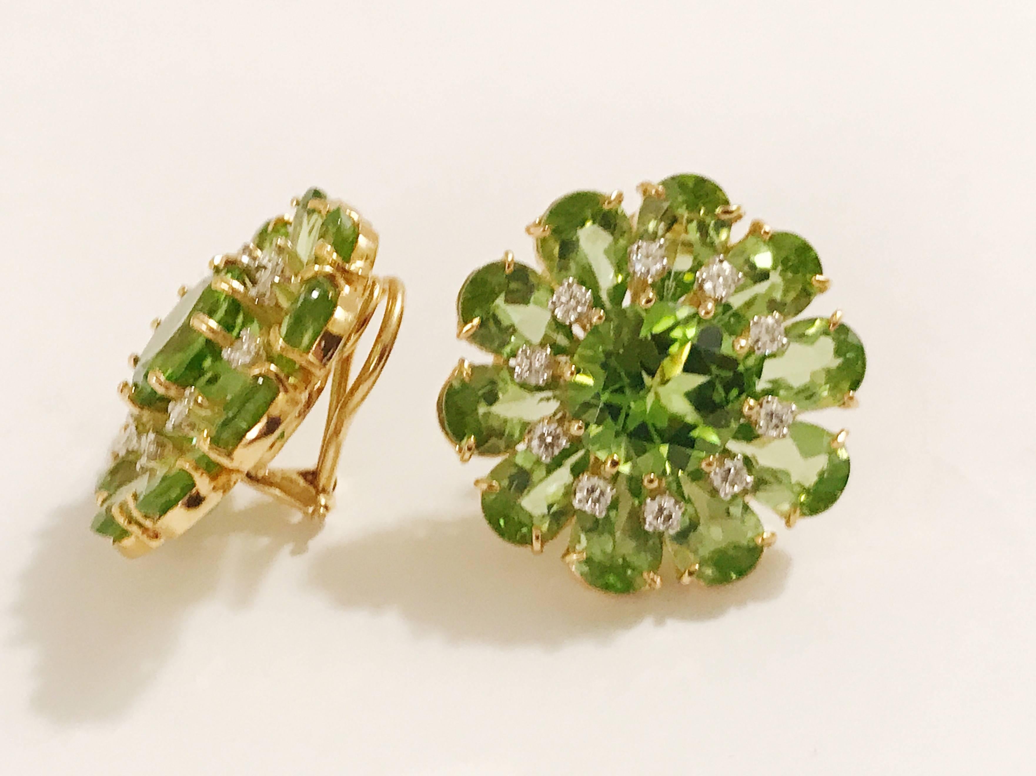 18kt Yellow Gold Peridot Tier Flower Earrings with Diamonds. 
 The pear shaped peridots are surrounding a circle peridot center. Measures 1 1/18" in diameter. 
 The Elegant earrings can be made posted or for clip earrings or with any stone