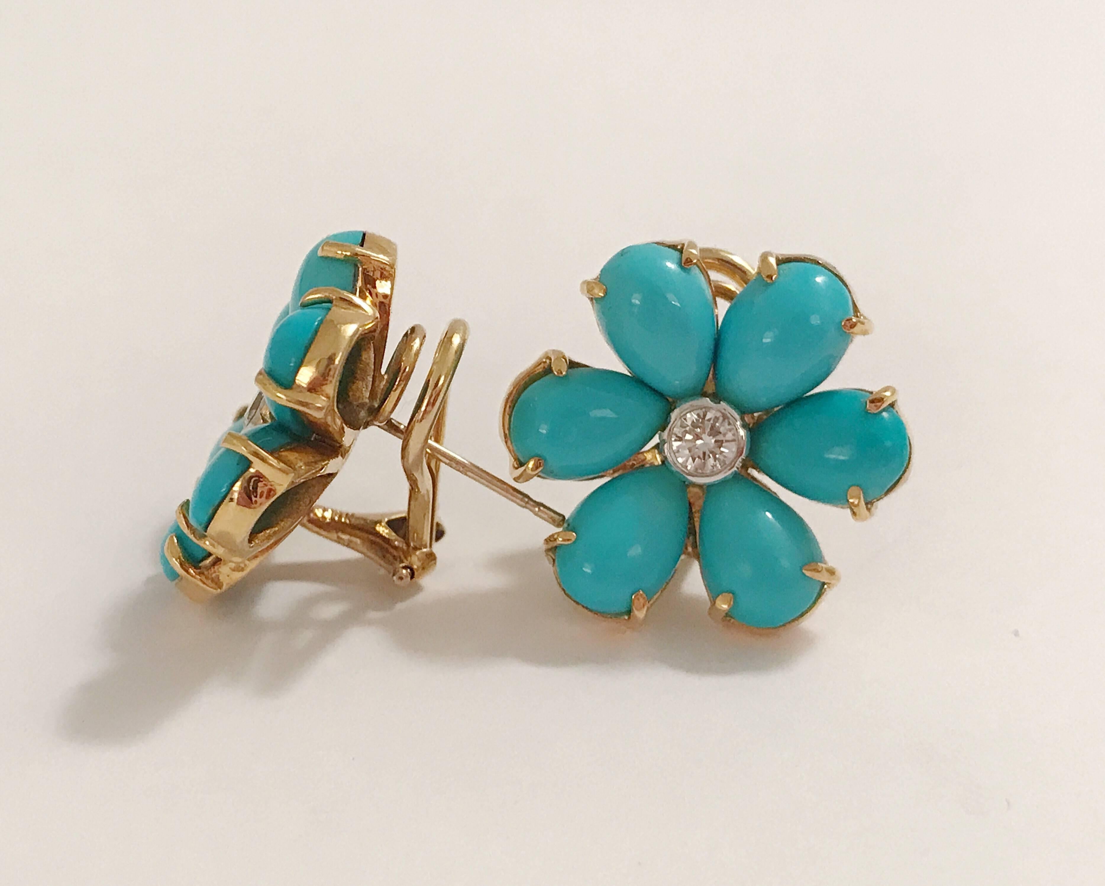 Elegant Turquoise Flower Earring is set in 18kt Yellow Gold with a Diamond Center set in Platinum. The diamond center is approximately 1/50cts in weight. 

These earrings can be made in any stone combination as well as set in any color 18kt gold.