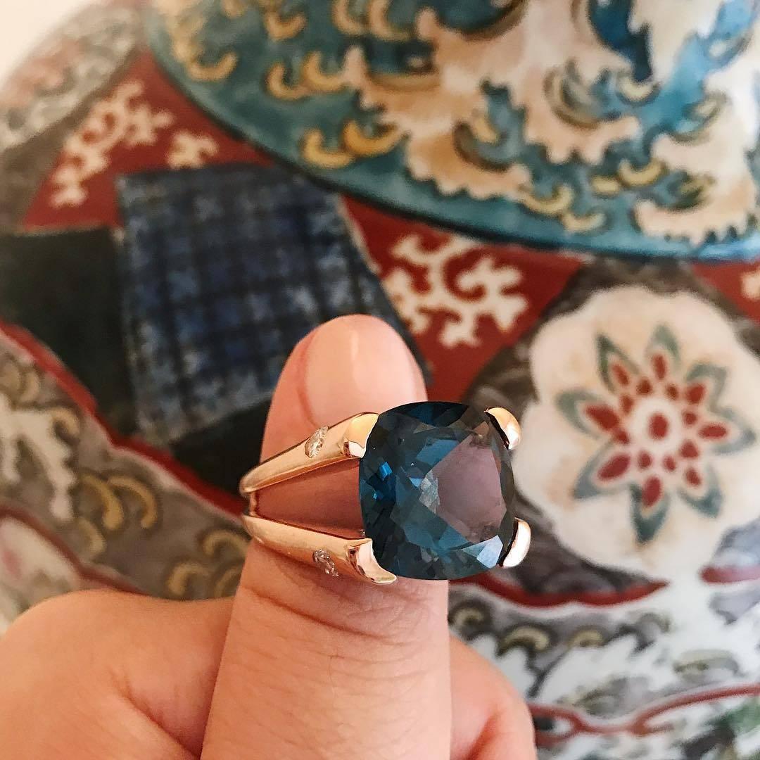 London Blue Topaz Large Cushion Ring with Diamond Sides For Sale 4