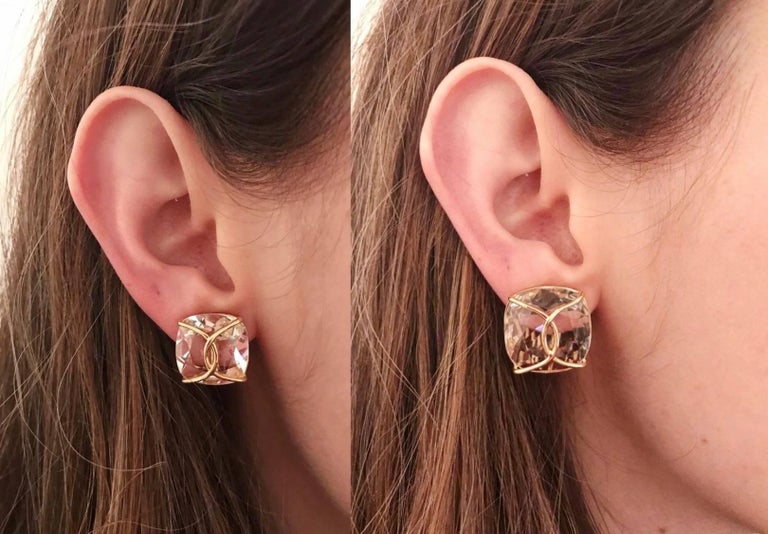 Jumbo Rock Crystal Cushion Stud Earring with Yellow Gold Wire Wrap For