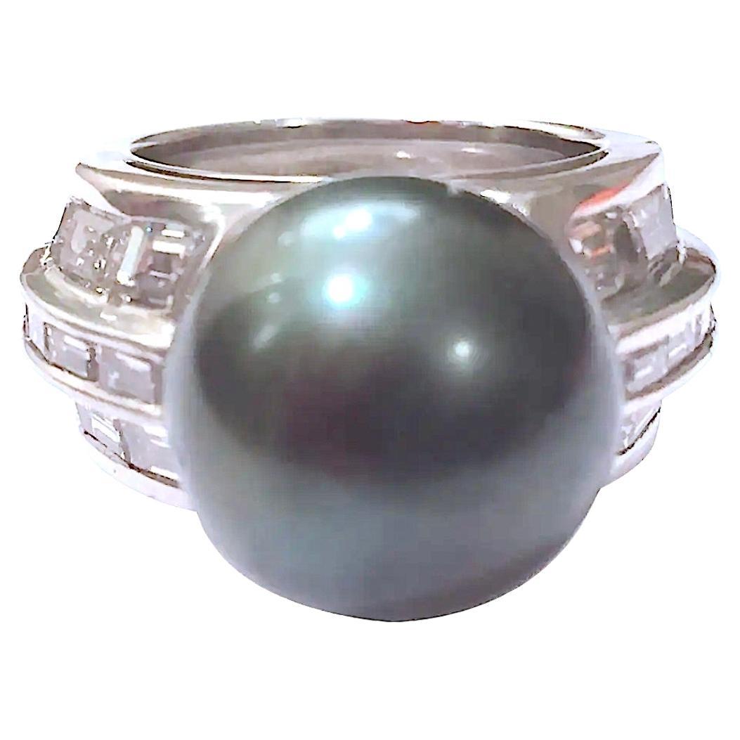 A. Clunn Platinum Baguette Diamond and South Sea Pearl Ring For Sale