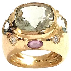 Bonheur Ring, Green Amethyst, Amethyst and Blue Topaz Yellow Gold Domed Ring