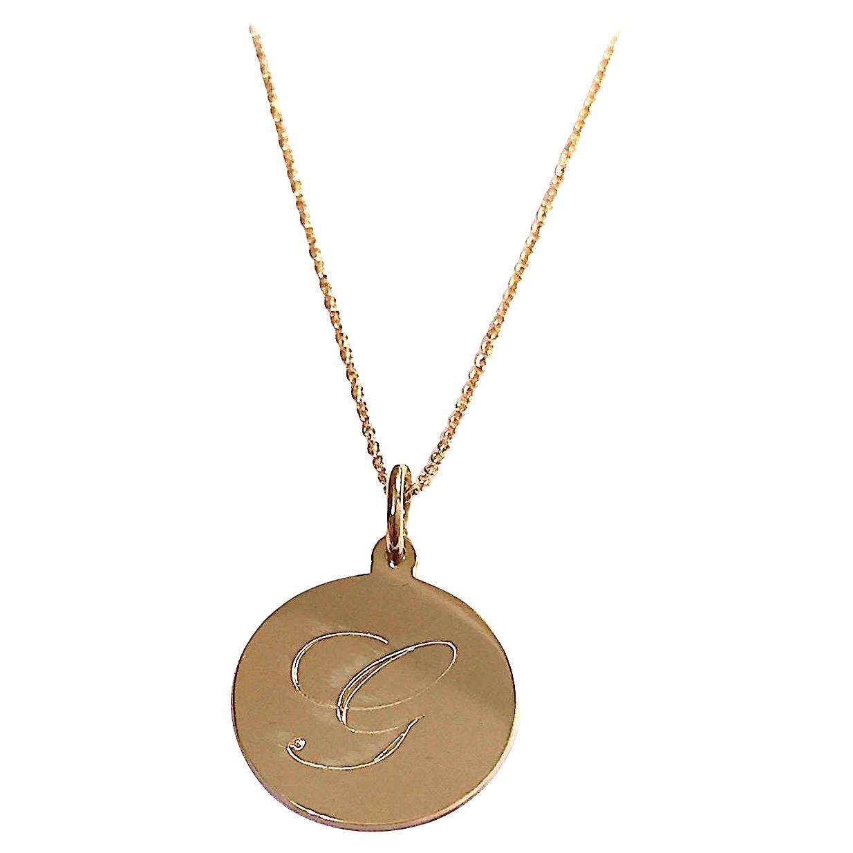 Beautiful Personalized Engraved Gold Circle Pendant and Chain For Sale