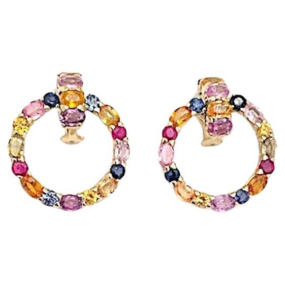 18 Karat Yellow Gold Multi-Color Sapphire Hoop Earring For Sale