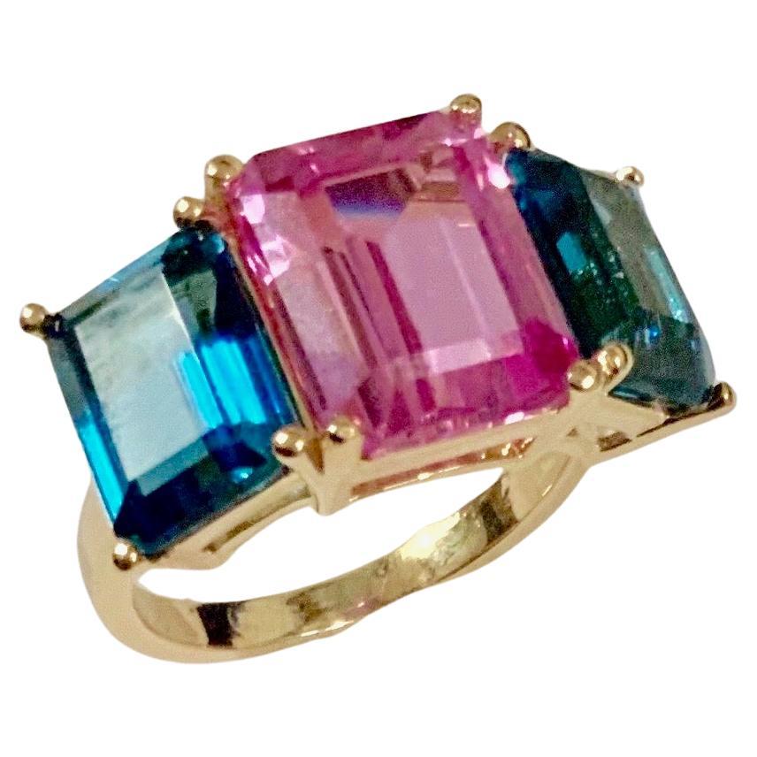 Yellow Gold Mini Emerald Cut Ring with Blue Topaz and Pink Topaz For Sale