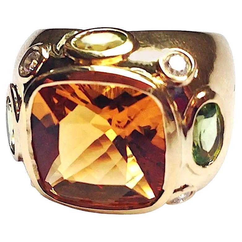 Anillo Bonheur con Citrino, Peridoto, Topacio Azul y Diamante Anillo Abombado