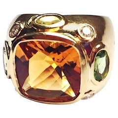 Anillo Bonheur con Citrino, Peridoto, Topacio Azul y Diamante Anillo Abombado