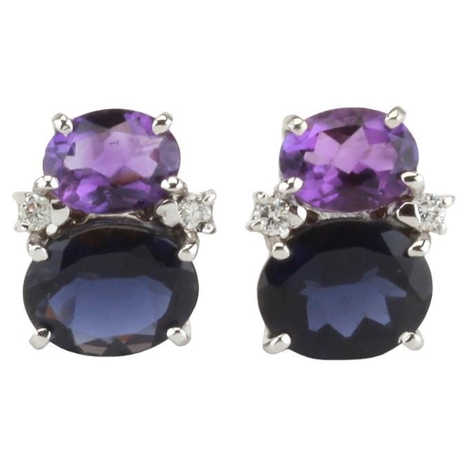 Mini Gum Drop Earrings with Iolite, Amethyst and Diamonds For Sale