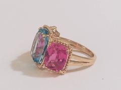 Blue and Pink Topaz Gold Three Stone Ring with Rope Twist Border