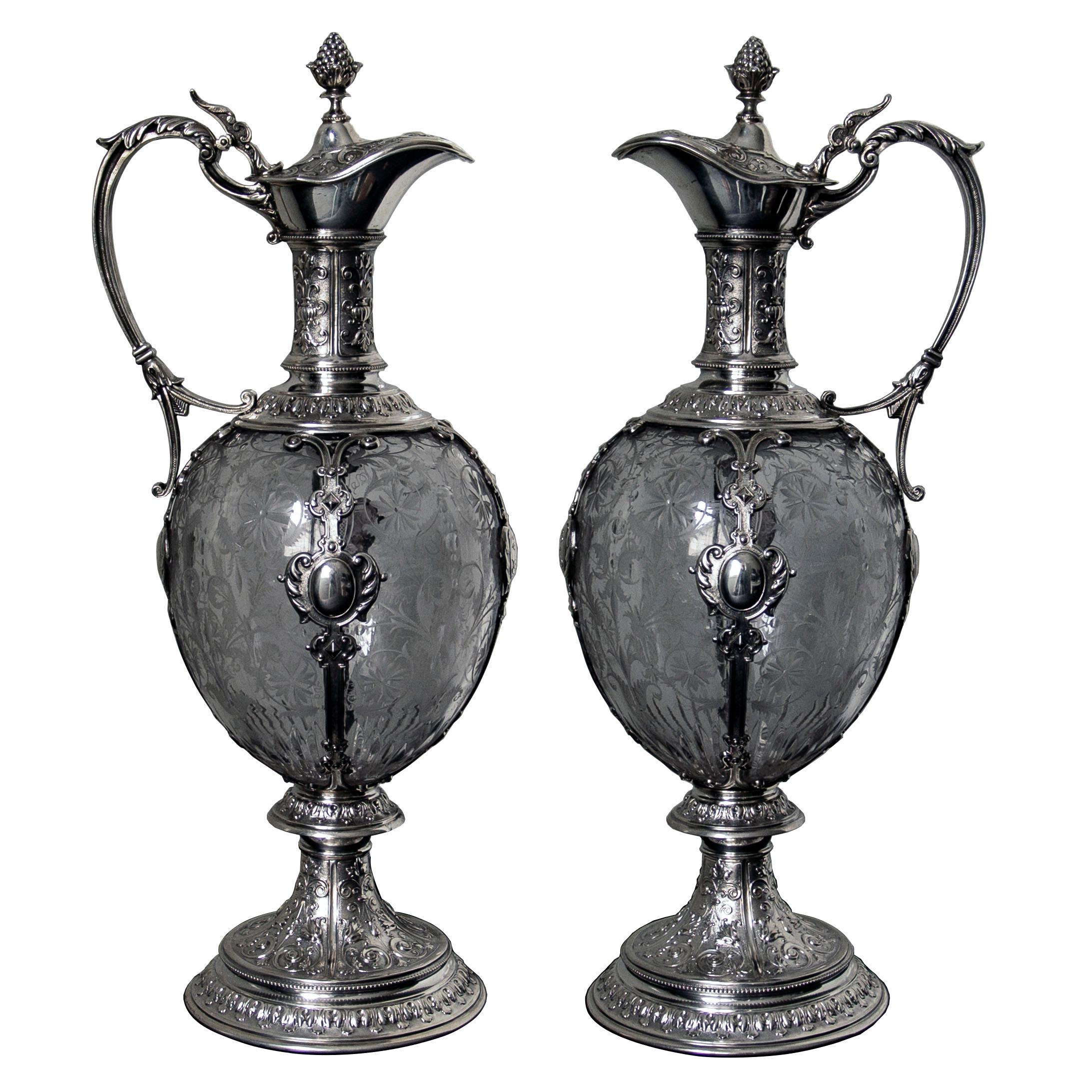 Pair of 19th Century German Silver Mounted Glass Claret Jugs im Angebot