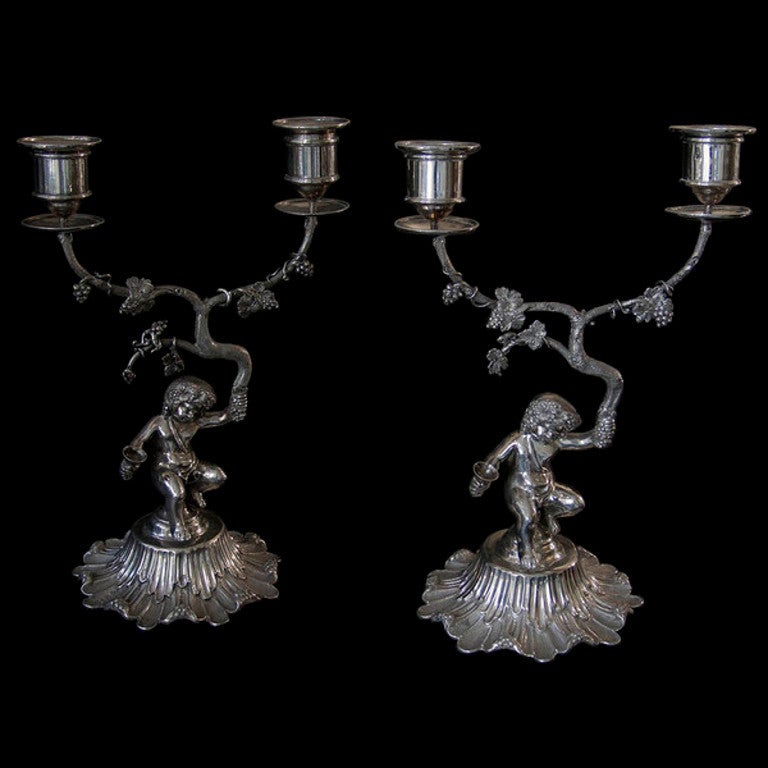 Antique English Silver Bacchanalian Pair of Candelabra Suite In Excellent Condition For Sale In London, GB