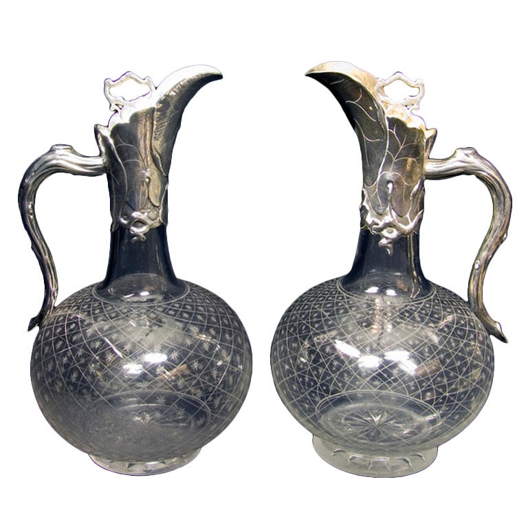 Pair of Victorian "Naturalism Design"  Silver Mounted Claret Jugs by Geeorge Fox