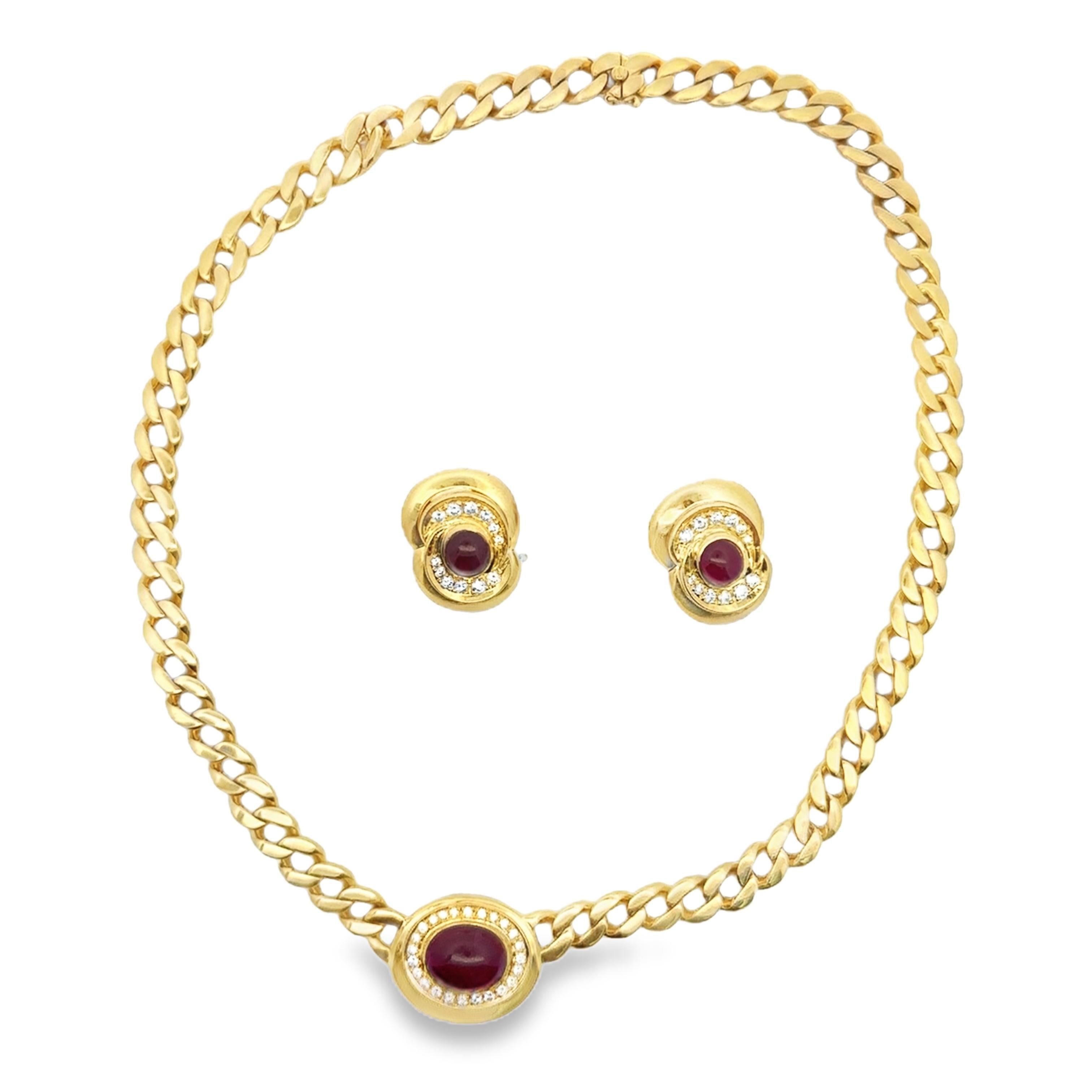 Fred Paris 1980, collana e orecchini con rubini e diamanti in oro 18 carati In condizioni buone in vendita a New York, NY