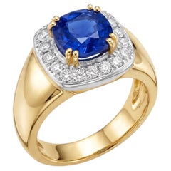 Bague française des années 1980 en or jaune 18 carats, sertie d'un saphir de Ceylan et de diamants