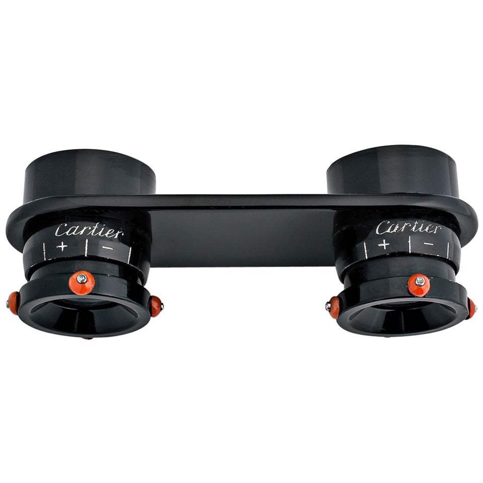 Cartier Paris Art Deco Black Lacquer Coral Diamond Binoculars