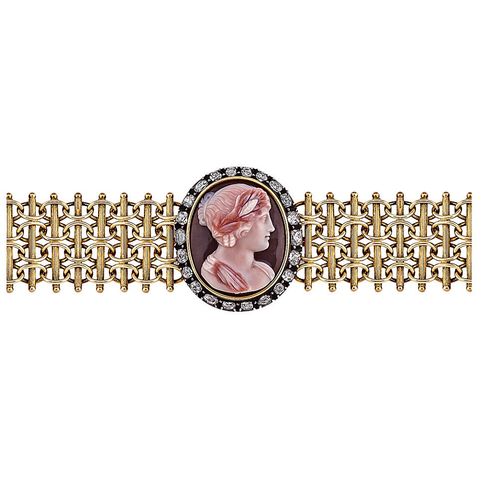 Victorian Diamond Gold Carved Hardstone Cameo Bracelet For Sale