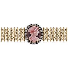 Victorian Diamond Gold Carved Hardstone Cameo Bracelet