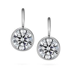 Round Brilliant Ideal Cut Diamond Platinum Bezel Set Drop Earrings