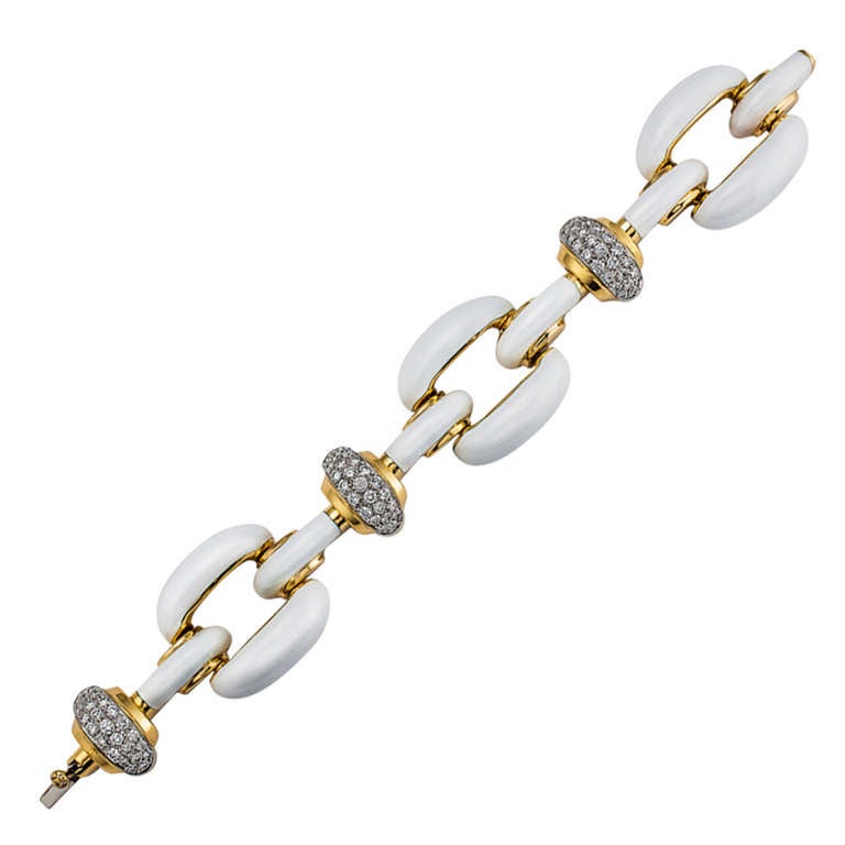 1970s white enamel Diamond Gold Link Bracelet