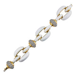 Vintage 1970s white enamel Diamond Gold Link Bracelet