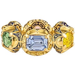Otto Jakob Fancy Shaped Multi Colored Sapphire Enameled Gold RIng 7