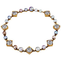 Antique Spectacular Art Nouveau Natural Pearl Diamond Gold Bracelet