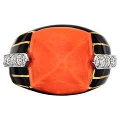 Tiffany & Co. Donald Claflin Coral Diamond Gold Platinum Enamel Ring