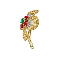 Cartier Paris Mid-Century Emerald Ruby Diamond Gold Flower Brooch
