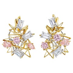 Natural Pink White Round Emerald Marquise Pear Cut Diamond Gold Clip Earrings