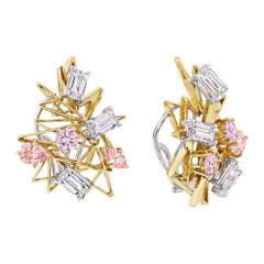 Natural Pink White Round Emerald Marquise Pear Cut Diamond Gold Clip Earrings