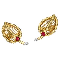 Cartier Paris Mid-Century Ruby Diamond Gold Clip Earrings