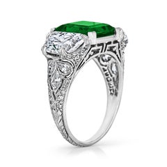 Art Deco Colombian Square Cut Emerald Diamond Platinum Three-Stone Ring