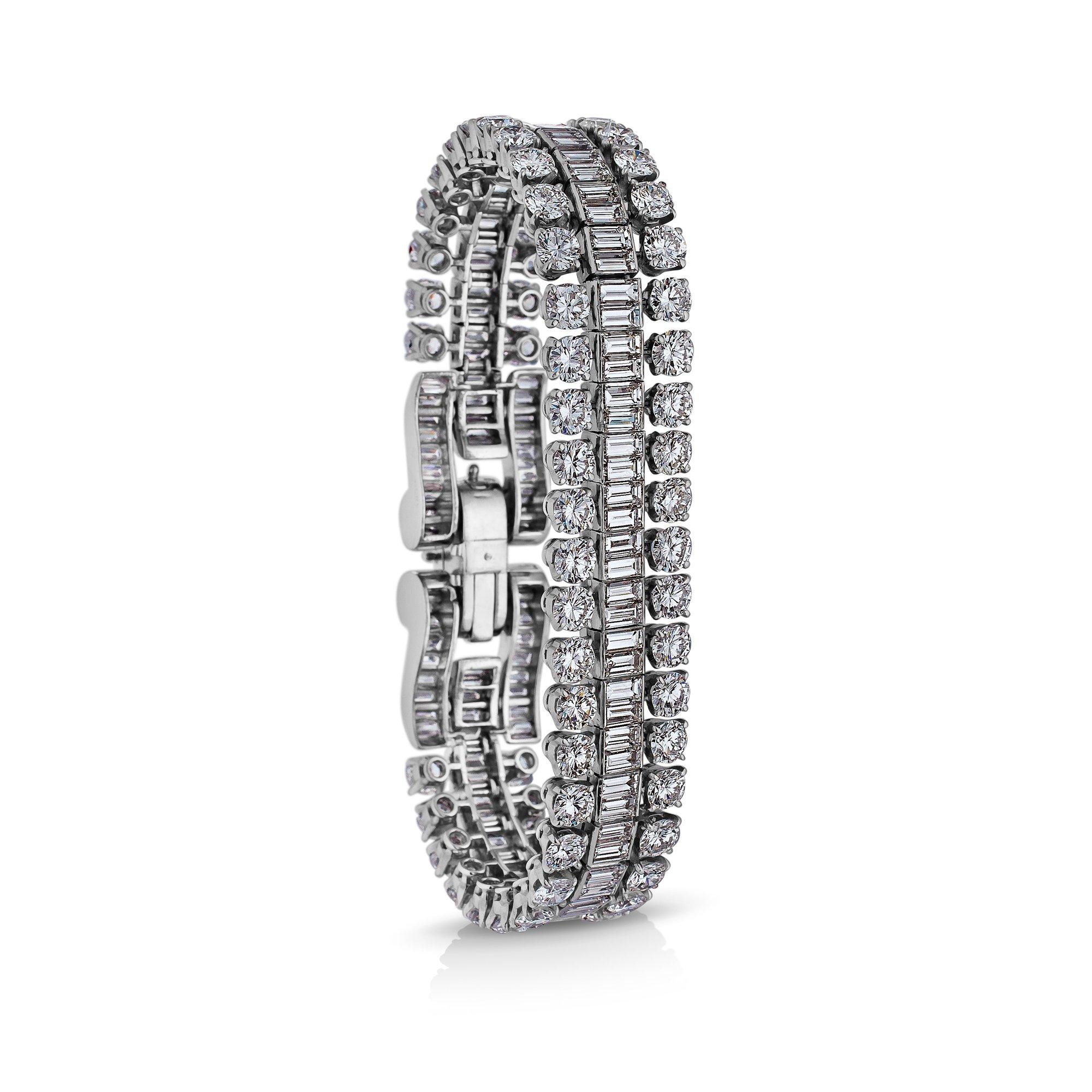 Sensuously supple and sparkling like ice, this mid-century Boucheron Paris bracelet is enchantingly irresistible.  With approximately 38 carats of round and baguette cut diamonds, this extraordinary jewel only appears once in a lifetime.  Circa