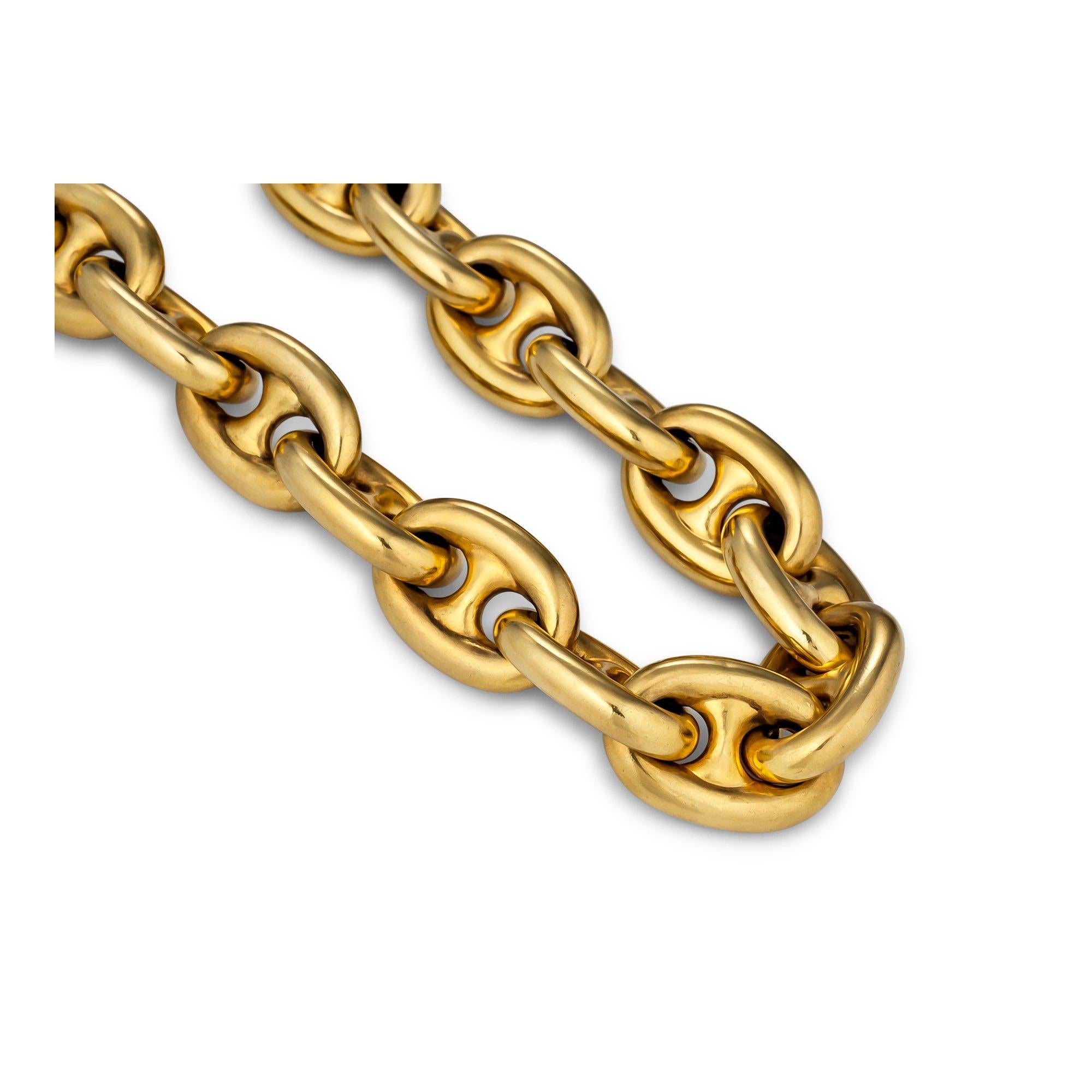 You will be forever linked in with this handmade Victorian 18 karat yellow gold bracelet.  With a warm honeyed patina, the 15 nautical links form a bracelet that stands alone or looks chic paired with others.  Circa 1885.  8 1/2