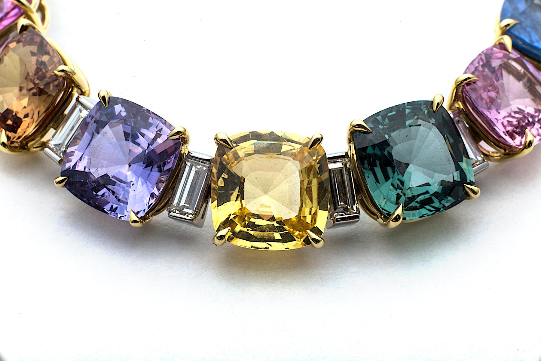 Contemporary Extraordinary Colored Sapphire Diamond Gold Platinum Bracelet