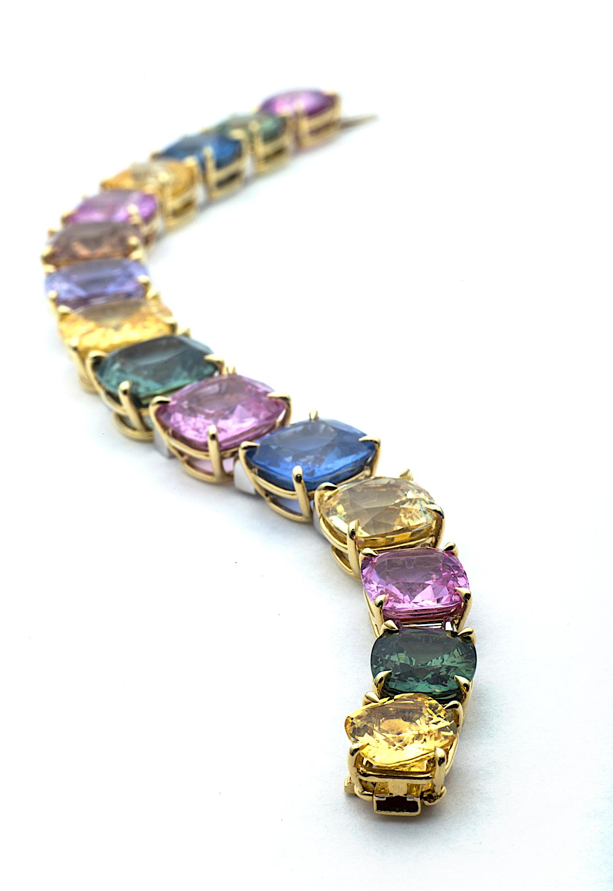 Extraordinary Colored Sapphire Diamond Gold Platinum Bracelet In Excellent Condition In Greenwich, CT