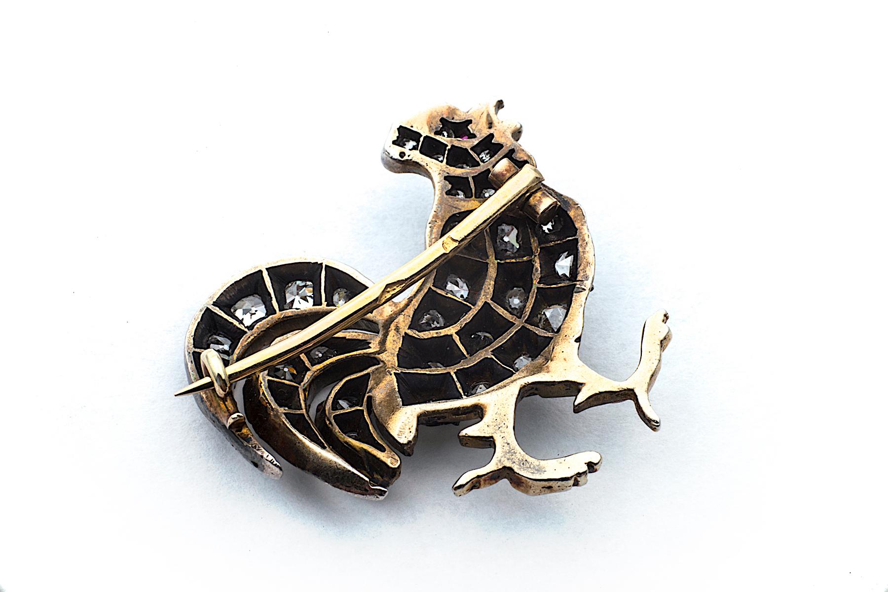 Victorian Diamond Silver Gold Rooster Brooch In Excellent Condition In Greenwich, CT