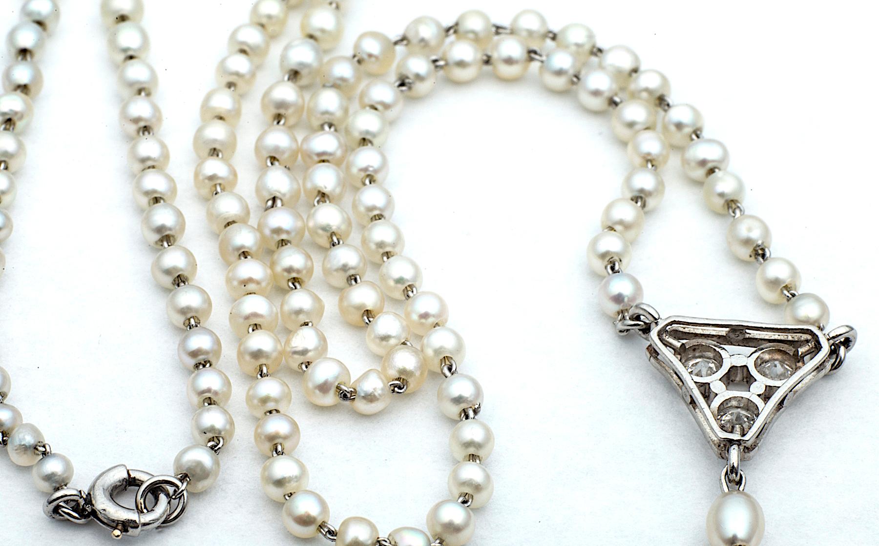 Women's Art Deco Natural Pearl Diamond Platinum Pendant Necklace