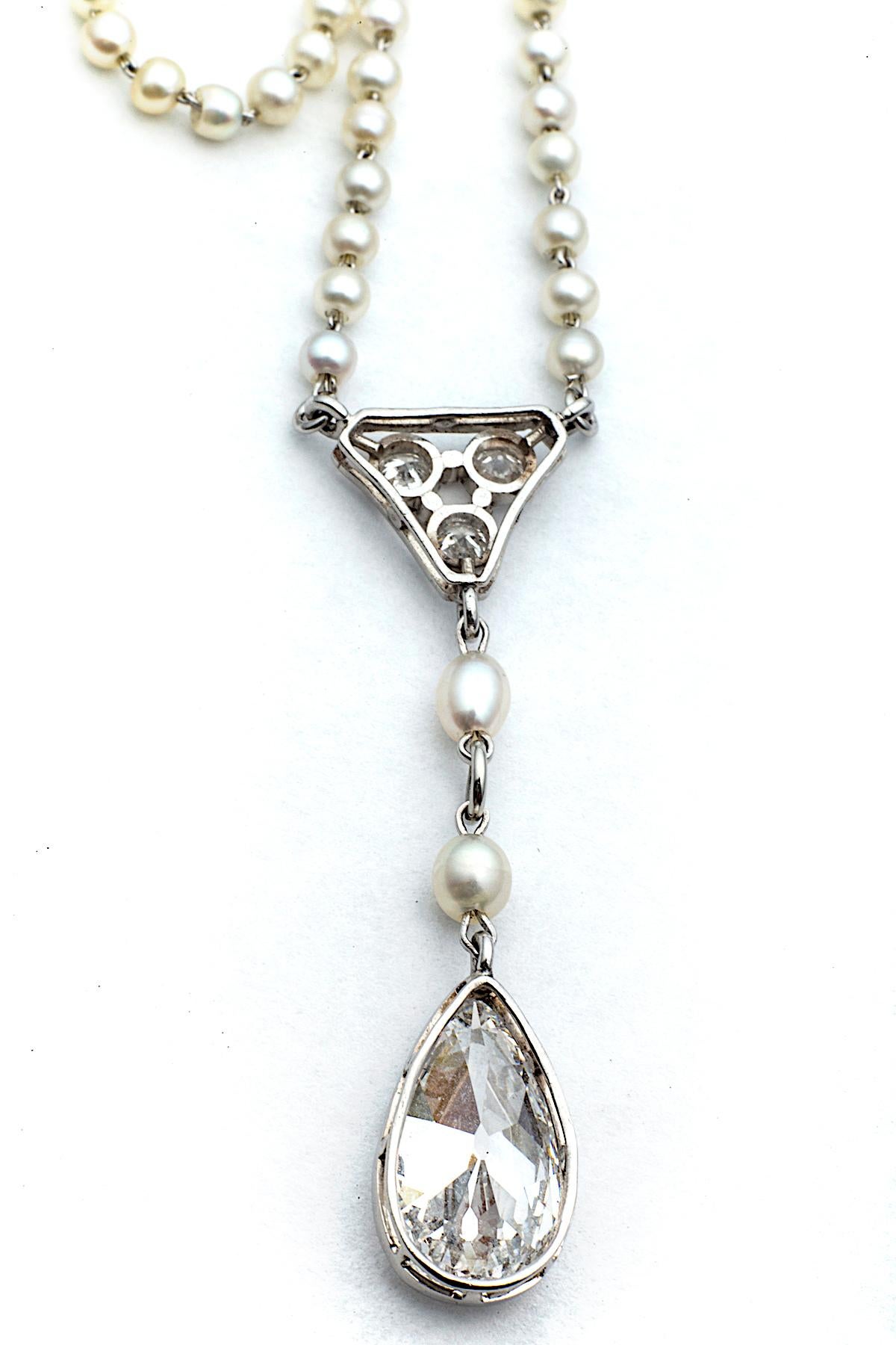 Art Deco Natural Pearl Diamond Platinum Pendant Necklace 1