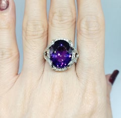 Vintage African Amethyst ring (8.56 cts) white zircon , silver in 18WG plated