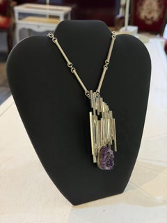 Aaron Rubenstein Sterling Silver Amethyst Druzy Architectural Pendant Necklace