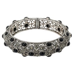 Gothic Sterling Silver Black Onyx Cabochon Marcasite Openwork Cuff Bracelet