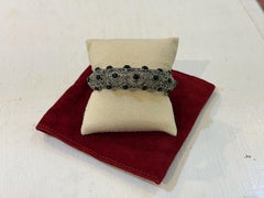 Gothic Sterling Silver Black Onyx Cabochon Marcasite Openwork Cuff Bracelet