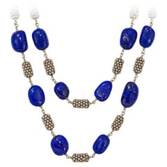 Vintage Sterling Silver Lapis Lazuli Bead Link Necklace