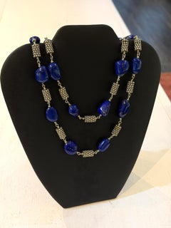 Vintage Sterling Silver Lapis Lazuli Bead Link Necklace