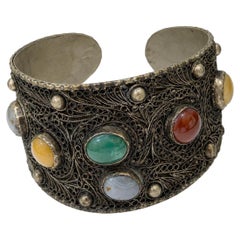 Vintage 800 Silver Filigree Cuff Bracelet Multi Stone Cabochon Artisan Ethnic