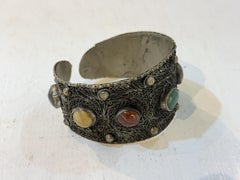 Vintage 800 Silver Filigree Cuff Bracelet Multi Stone Cabochon Artisan Ethnic