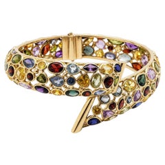14K Yellow Gold Italy Multicolor Gemstone Hinged Cuff Bracelet