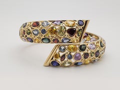 14K Yellow Gold Italy Multicolor Gemstone Hinged Cuff Bracelet