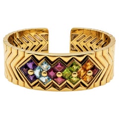 Vintage 18K Italian Yellow Gold Multi-Color Gemstone Chevron Cuff Bracelet